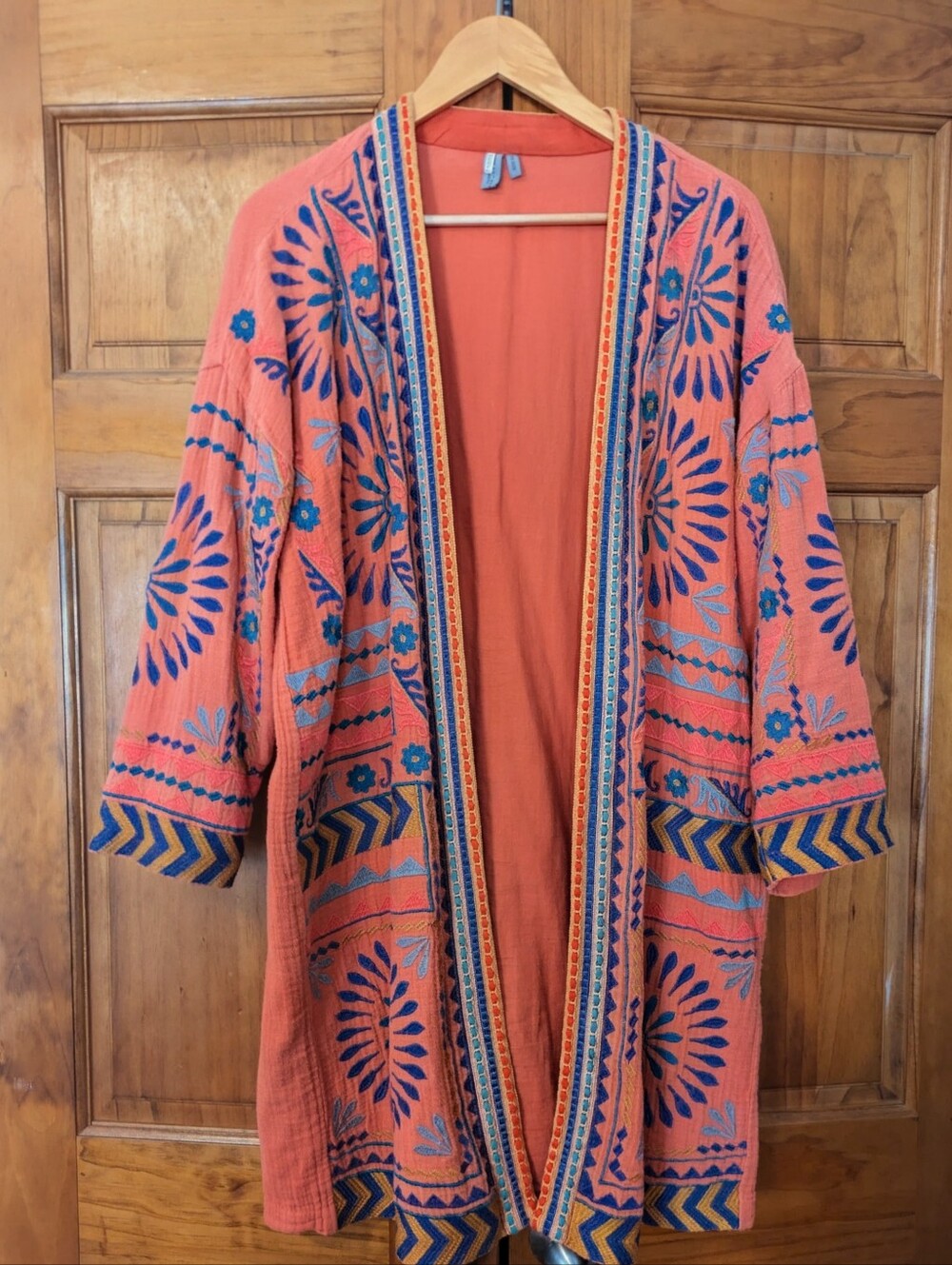 BL-NK Anthropologie Embroidered Orange Boho Caftan with Blue Accents